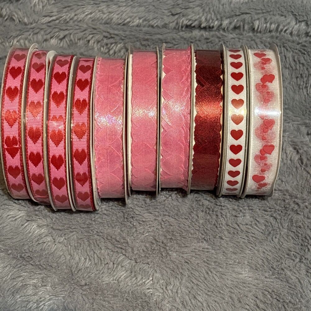 Lot of 10 BRAND NEW Celebrate It Spools Of Heart Ribbon Red White Pink Crafting
